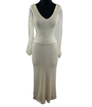VTG Talk of the Walk Cream Long Sleeve Dress V-Neckline Sparkle Stretch Size S